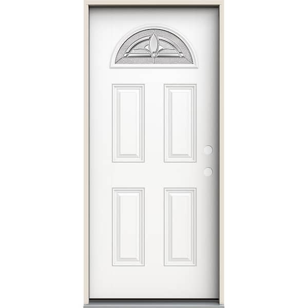 JELD-WEN 36 in. x 80 in. Left-Hand Fan Lite Decorative Glass Blakely Modern White Fiberglass Prehung Front Door