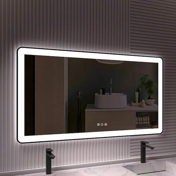 TOOLKISS 55 in. W x 30 in. H Rectangular Framed LED Anti-Fog Wall Bathroom Vanity Mirror in Black with Backlit and Front Light