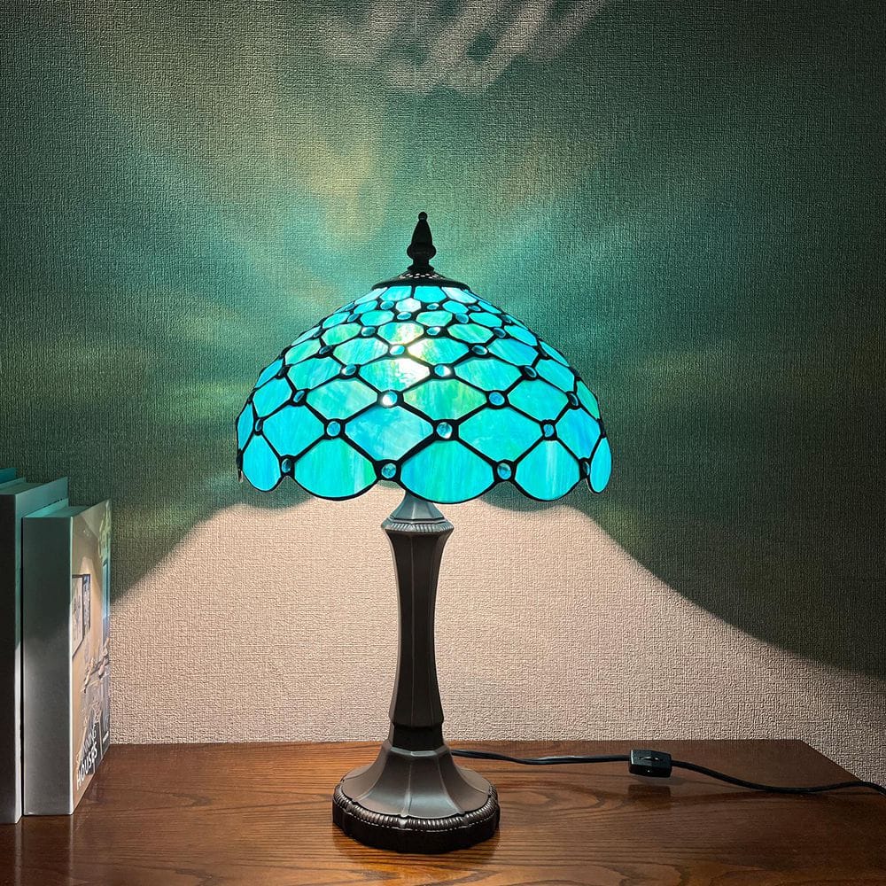 VINPLUS 12in. Dark Bronze Tiffany Table Lamp with Blue Stained