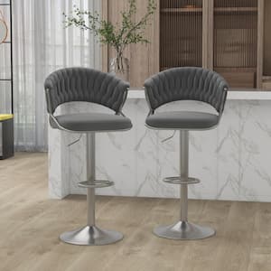 43.14 in. Modern Gray Low Back Silver Metal Frame Adjustable Height Swivel Bar Stool with Velvet Seat (Set of 2)