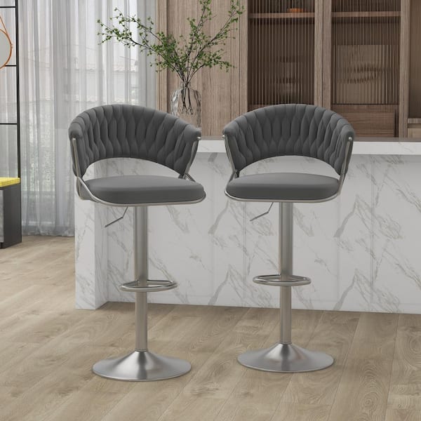 Uixe 43.14 in. Modern Gray Low Back Silver Metal Frame Adjustable Height Swivel Bar Stool with Velvet Seat (Set of 2)