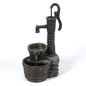 Polyresin Water Pump and 2-Whiskey-Barrel Patio Cascade Fountain