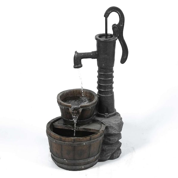 LuxenHome Polyresin Water Pump and 2-Whiskey-Barrel Patio Cascade Fountain