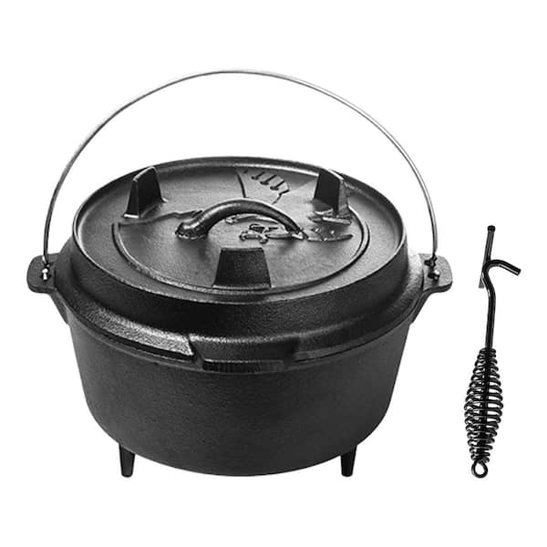 9.4 in 6QT Cast Iron Nonstick Dutch Oven with Lid Skillet for Camping Cooking Baking BBQ in Black with Lid Lifter