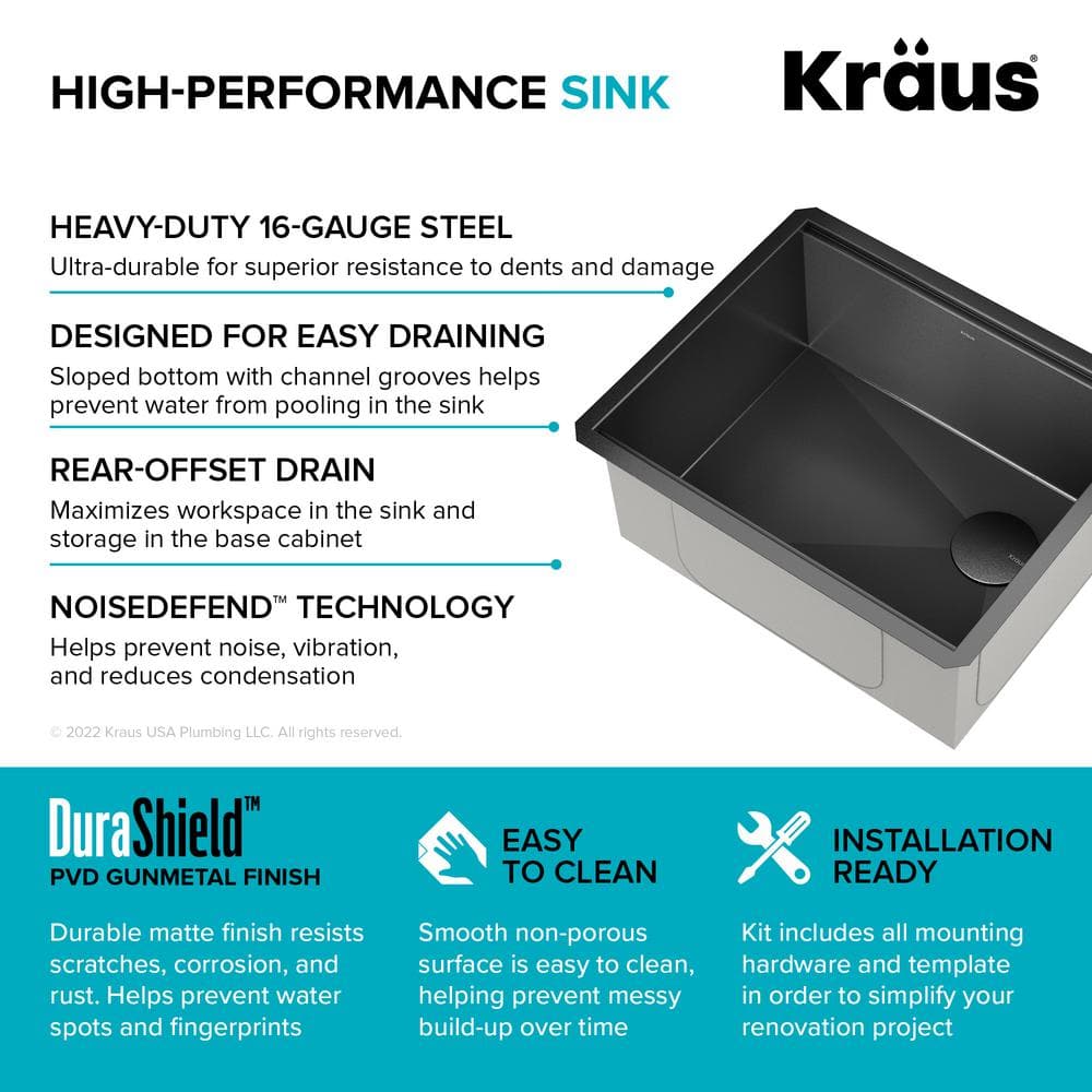Kore 23" Black Stainless Steel Drop-In Single Bowl Kitchen Sink