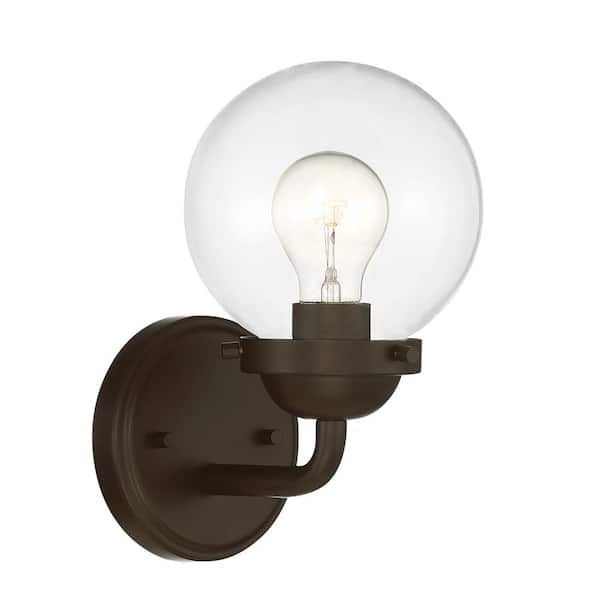 Knoll 5.75 in. 1-Light Oil Rubbed Bronze Retro Wall Sconce with Clear Glass Shade