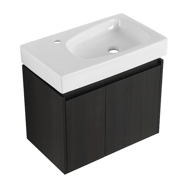 Unbranded 23.62 in. W x 14.37 in. D x 21.26 in. H Wall Floating BathVanity with Resin White Basin Top Sink in 2-Door Black Cabinet