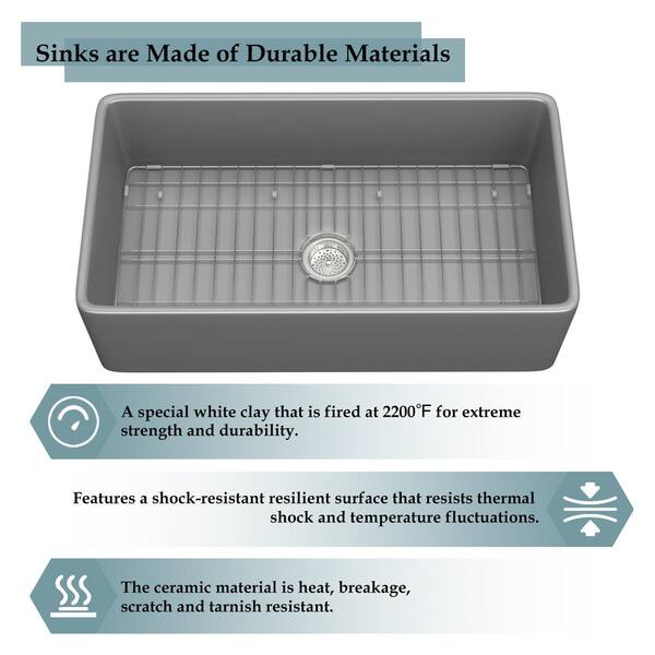 Kuomih Gray Fireclay 33 in. Single Bowl Farmhouse Apron Kitchen