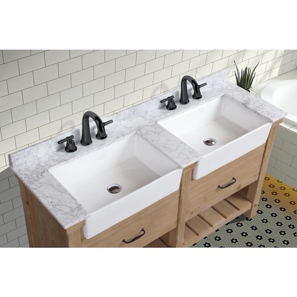 bureau Egyptische volwassene Ari Kitchen and Bath Marina 60 in. Double Bath Vanity in Driftwood with  Marble Vanity Top in Carrara White with White Farmhouse Basins  AKB-MARINA-60DW - The Home Depot