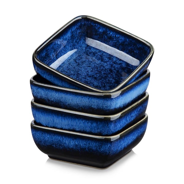 MALACASA 6 fl. oz. Blue Stoneware Saucer Dish Set Dipping Snack Bowl Set of 4 Small Serving Dish Condiment Dish Seasoning Bowl