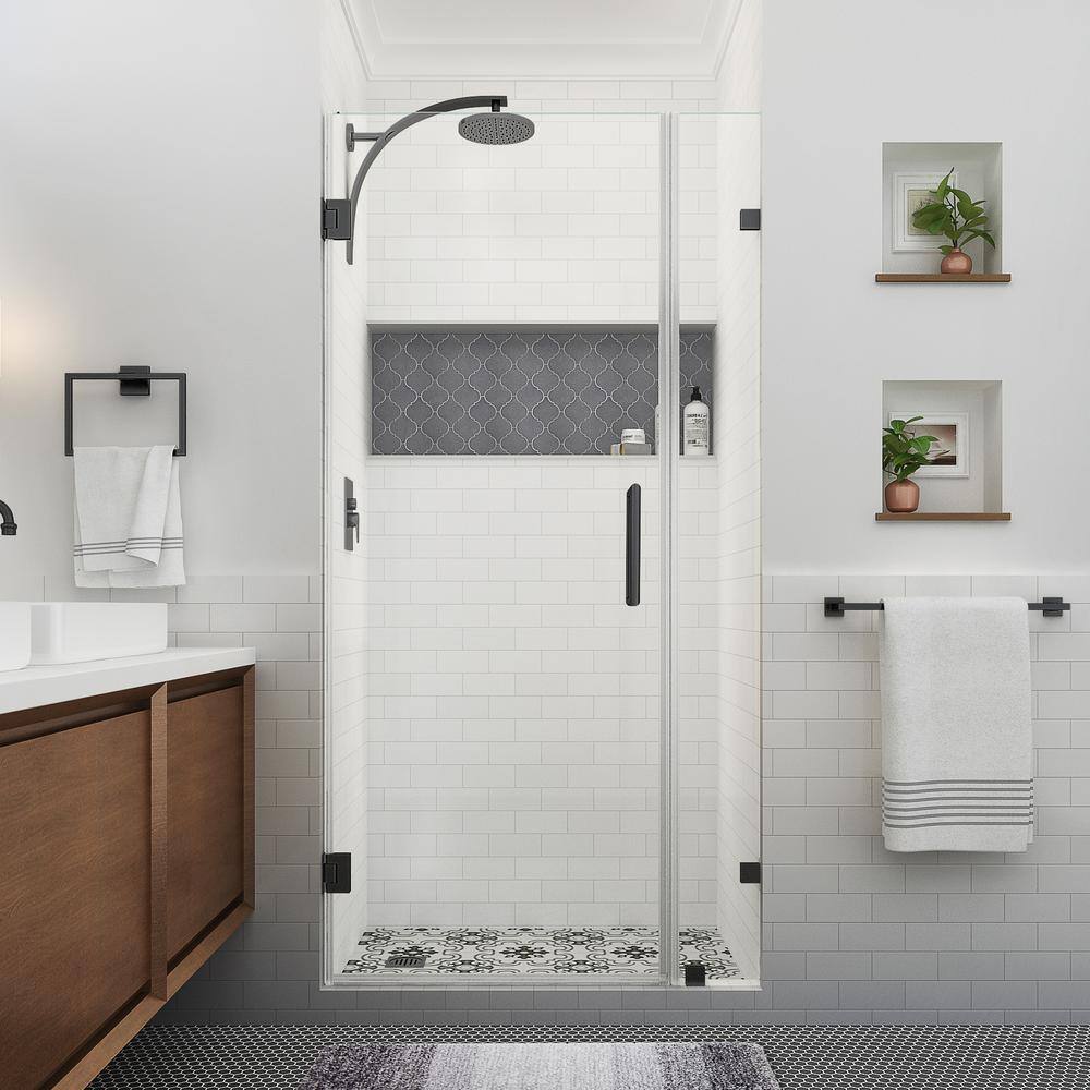 Nautis XL Matte Black Frameless Hinged Shower Door with Clear Glass