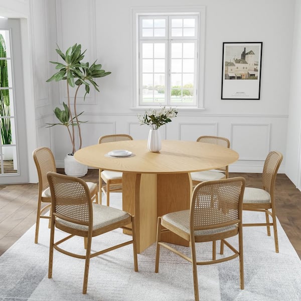 Dovelina Flora Modern Natural Color Round Oak Wood Top 52 in. Cross Leg Dining Table Seats 6
