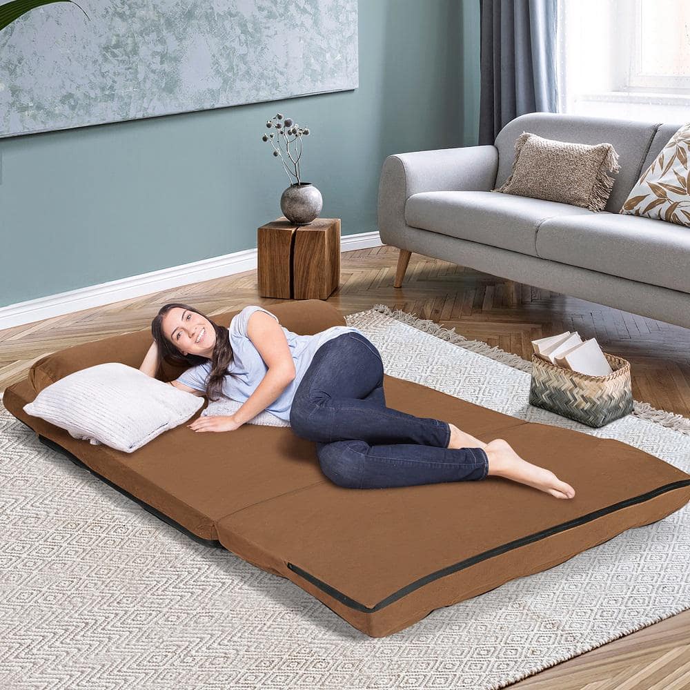 Brown Twin Sleeper Foldable Floor Sofa Bed with Metal Frame