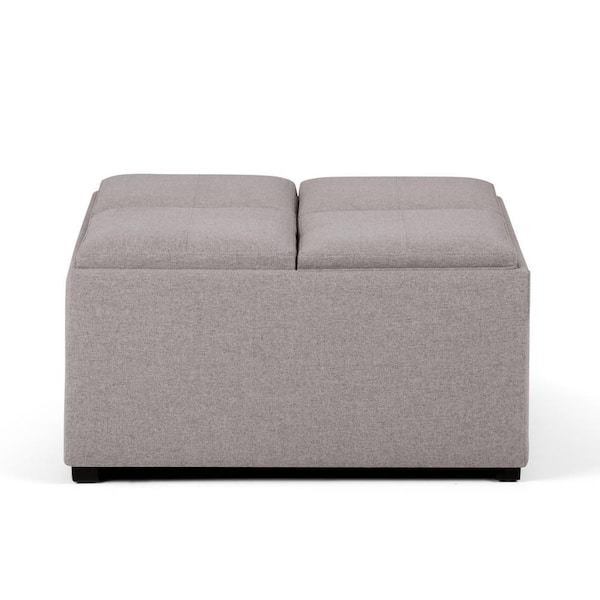 Simpli Home Avalon 35 in. Contemporary Square Storage Ottoman in Cloud Grey Linen Look Fabric