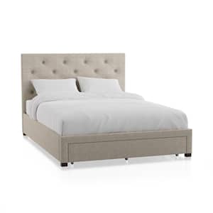 Stevies Beige Queen Upholstered Wood Frame Platform Bed With Foot Drawer