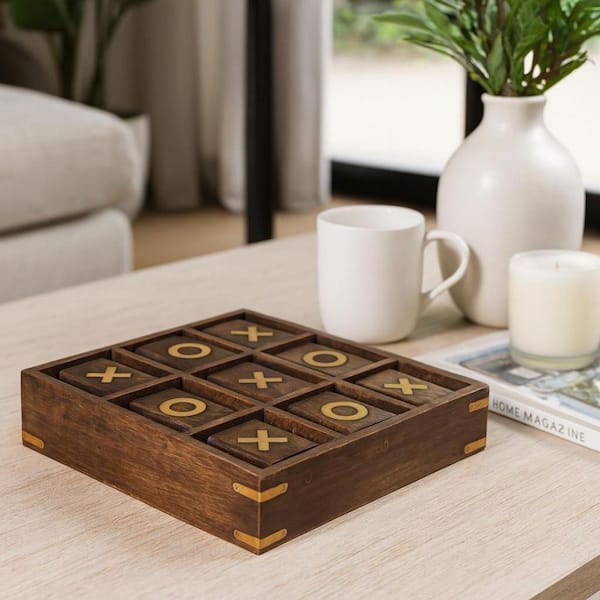 Brown 10 in. x 10 in. Wood Revolving Tic Tac Toe Game Set with Grid Design