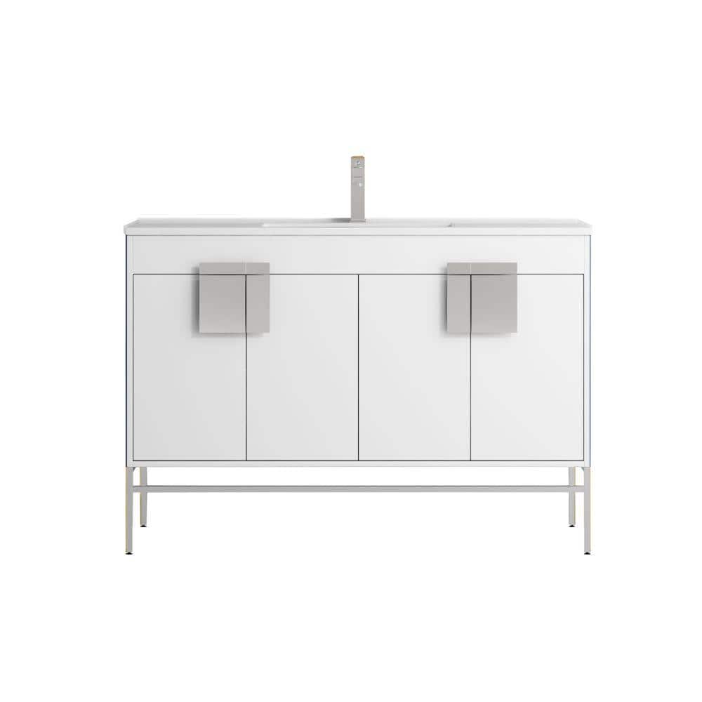 47" White Minimalistic Single Sink Bathroom Vanity with Ceramic Top