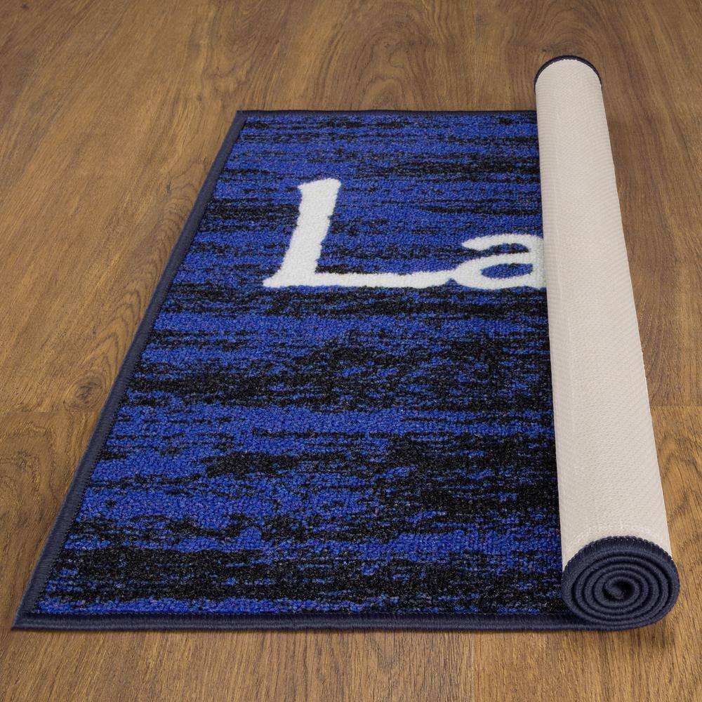 Blue and Black Synthetic Non-Slip Rectangular Laundry Room Rug