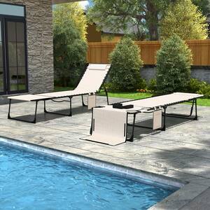 2-Piece Metal Outdoor Lounge Chairs Chaise Lounges with Face Hole, Pillow and Pocket in Beige