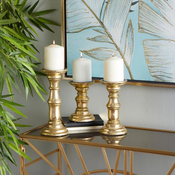 Litton Lane Gold Mango Wood Turned Style Pillar Candle Holder (Set of 3)
