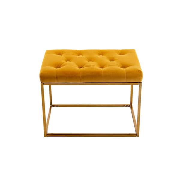 Unbranded Modern Musterd Yellow Tufted Ottoman with Metal Frame and Golden Legs