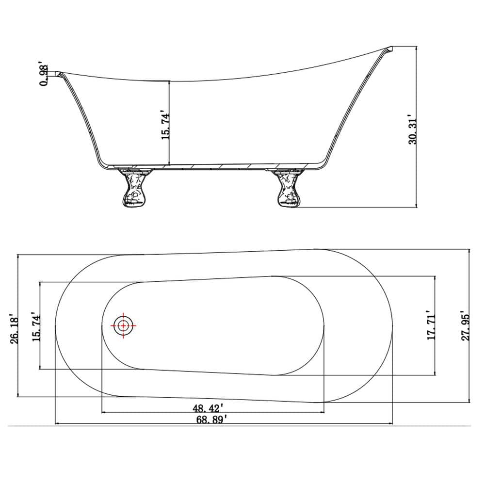 69" Black Acrylic Clawfoot Soaking Bathtub with Silver Feet