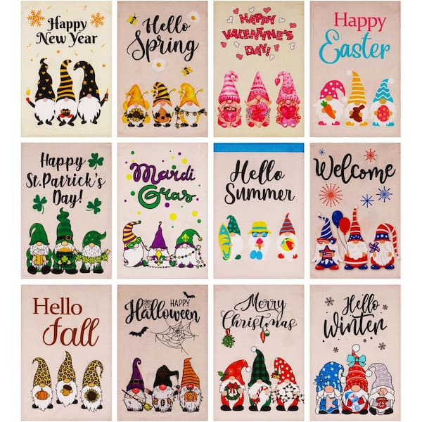 G128 1 ft. x 1.5 ft. Burlap Holiday Gnomes 12-Piece 2-Sided Garden Flag Printed Burlap