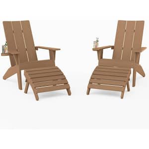 4-Piece Oversize Modern Teak Plastic Outdoor Patio Adirondack Chair with Folding Ottoman Set
