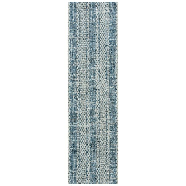 Courtyard Light Gray/Blue 2 ft. x 7 ft. Distressed Striped Diamond Indoor/Outdoor Runner Rug