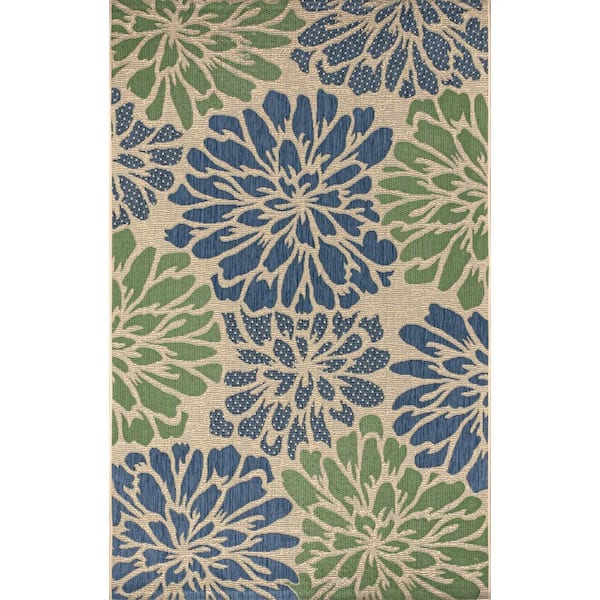 Zinnia Modern Floral Navy/Green 3 ft. 1 in. x 5 ft. Textured Weave Indoor/Outdoor Area Rug