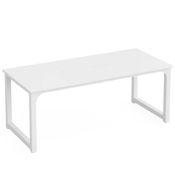 Halseey 70.8" W White Dining Table Kitchen Desk Particle Board Wood Home Office Rectangular Dinner Table for 4-6 People