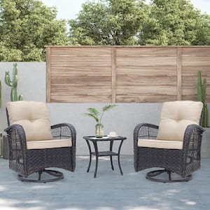 Dark Brown 3-Piece Wicker Swivel Patio Conversation Set with Beige Cushions