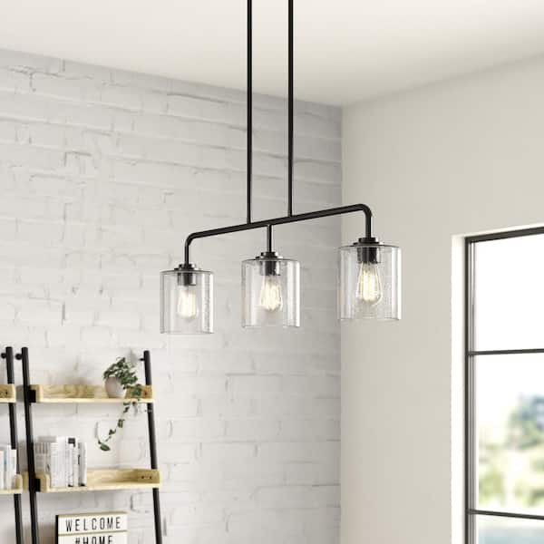 Logan 3-Light Matte Black Transitional Linear Chandelier for Kitchen Islands with No Bulbs Included