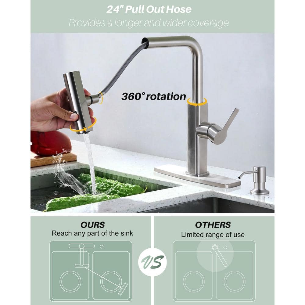 Brushed Nickel Stainless Steel Pull Down Kitchen Faucet with 3-Mode Sprayer