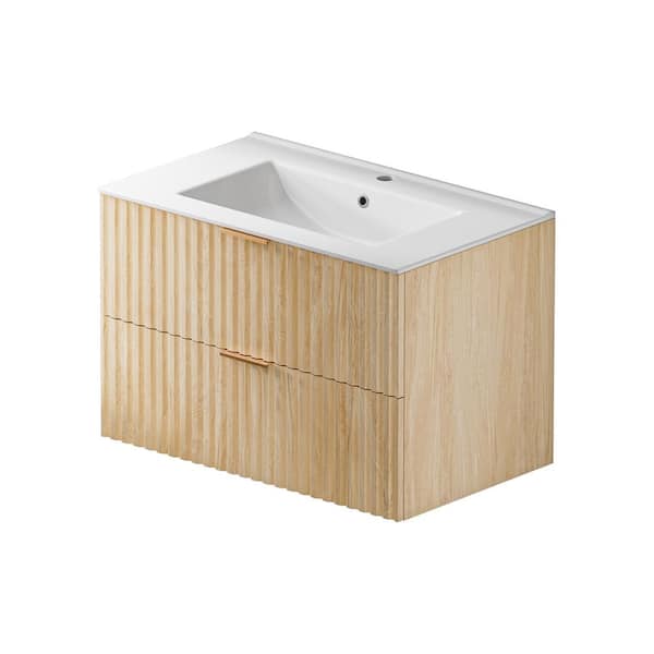 30 in. Floating Oak Wood Bath Vanity with White Ceramic Top Unassembled, Dual-Drawer Storage, Horizontal Stripe Design
