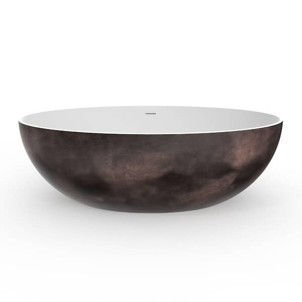 67 in. x 39 in. Artificial Stone Soaking Bathtub in White and Walnut Solid Surface with Overflow and Pop-up Drain