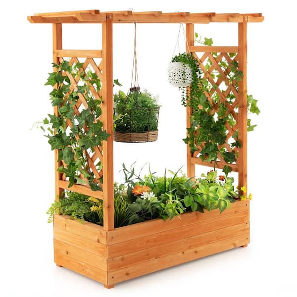 Gymax Wooden Raised Garden Bed Planter Box with Side and Top Trellis for Vine Climbing Plants