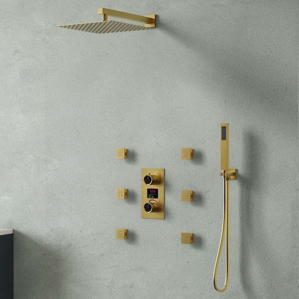 EVERSTEIN Knobs 3-Spray 12 in. Thermostatic Rain Dual Shower Head Fixed and Handheld Shower Head in Brushed Gold 2.5 GPM