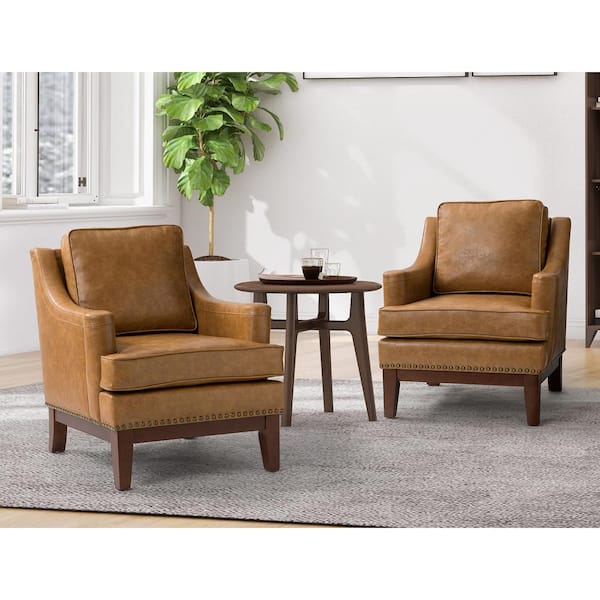 JAYDEN CREATION Heinrich Camel Vegan Leather Armchair with Solid Wood Legs (Set of 2)