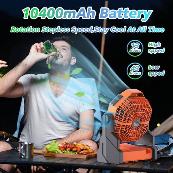 Adrinfly - Camping Fan 10400mAh Portable USB Powered 7 in. 1 fan speeds Desk Fan in Orange with LED Lantern for Camping w/Hook