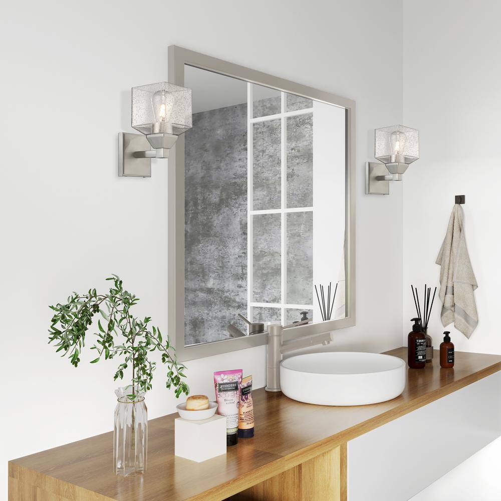 Brushed Nickel Dimmable Wall Sconce with Hand Blown Clear Seeded Glass