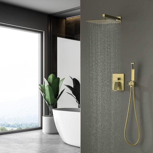 1-Spray Square High Pressure 12 in. Shower Head Brass Wall Bar Shower Kit with Hand Shower in Brushed Gold