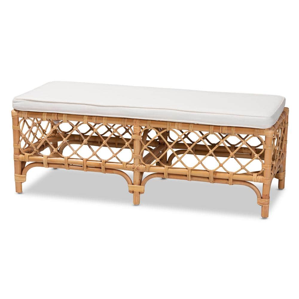 Serene Orchard White Fabric and Natural Rattan Bench - 48"