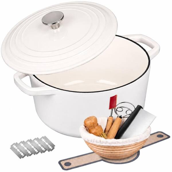 6 qt. Round Enameled Cast Iron Dutch Oven White with Lid for Bread Baking and Sourdough Supplies Set