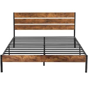 Queen Size Metal Platform Bed Frame with Wooden Headboard Platform Bed with Metal Frame Under Bed Storage，62.1"W，Brown