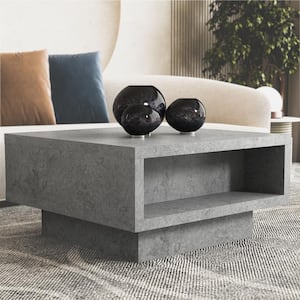 Carmelo 35.4 in. Concrete Cool Gray Square Wood Top Coffee Table with Storage