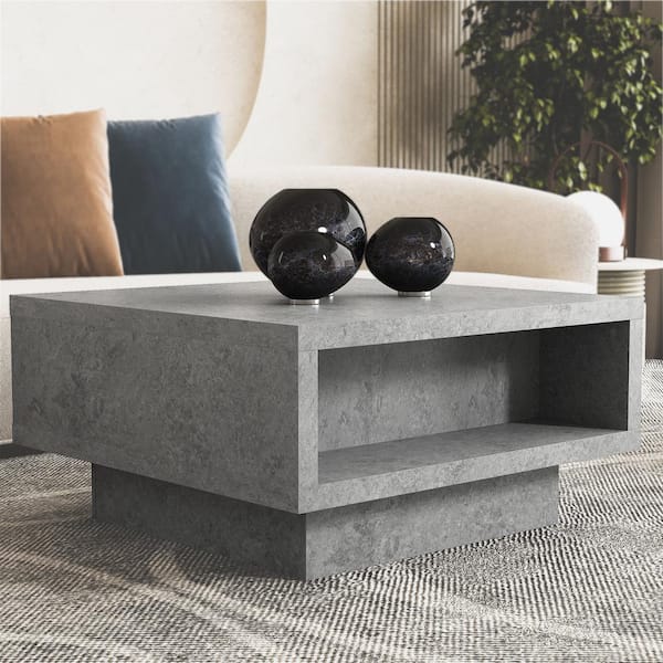 GALANO Carmelo 35.4 in. Concrete Cool Gray Square Wood Top Coffee Table with Storage