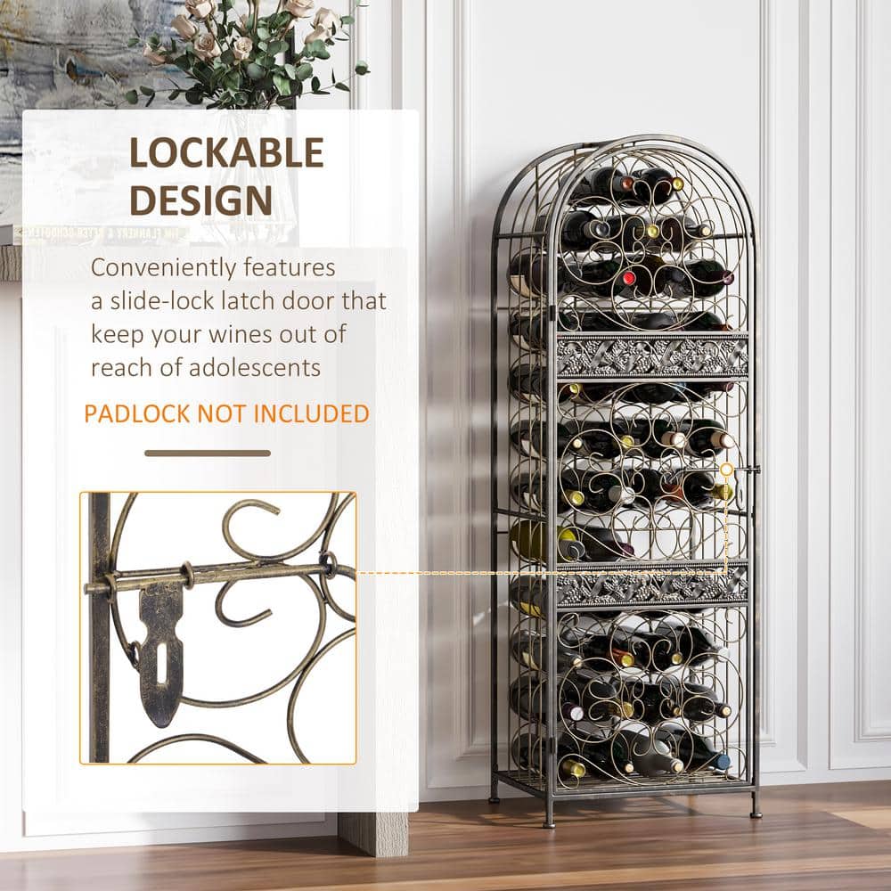 Antique Bronze Wrought Iron 45-Bottle Wine Rack with Lock