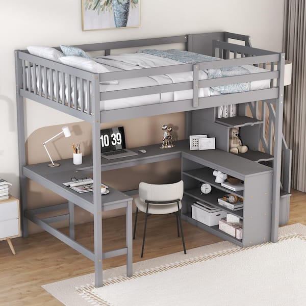 Harper & Bright Designs Gray Wood Full Size Loft Bed with L-Shaped Desk, Shelves And Storage Staircase