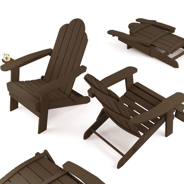 LUE BONA Coffee Brown Foldable Plastic Outdoor Patio Adirondack Chair with Cup Holder for Garden/Backyard/Pool/Beach (Set of 4)